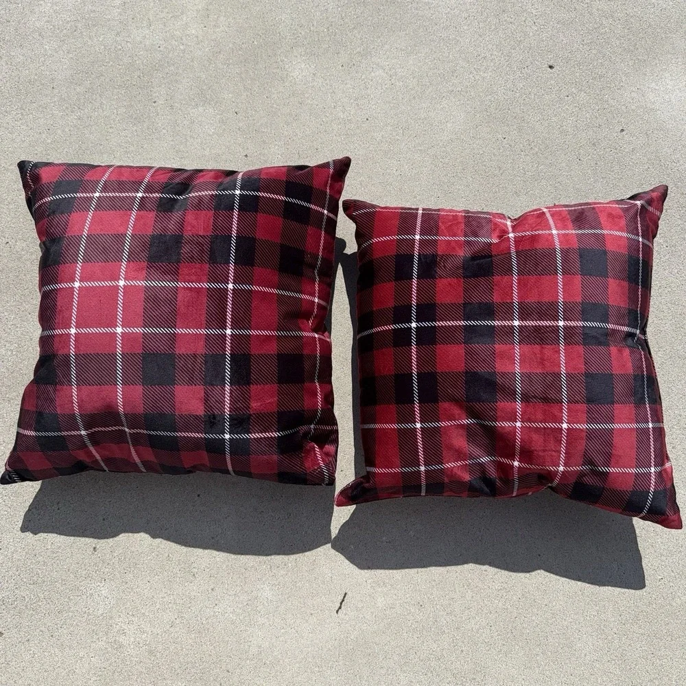 Set of 2 Plaid Throw Pillows 16x16 Red Black White Rustic Cabin Decor Accent